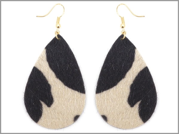 Light Brown & Dark Brown Faux Animal Print Fur Textured Tear Drop Fish Hook Earrings