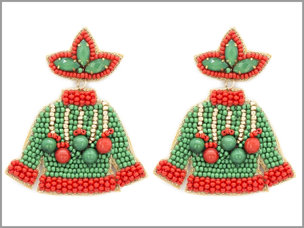 Fashion Holiday Red & Green Christmas Sweater Post Dangle Earrings