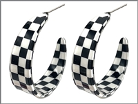 Fashion Racer Inspired Black & White Checkered Open Hoop Earrings