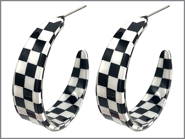 Fashion Racer Inspired Black & White Checkered Open Hoop Earrings