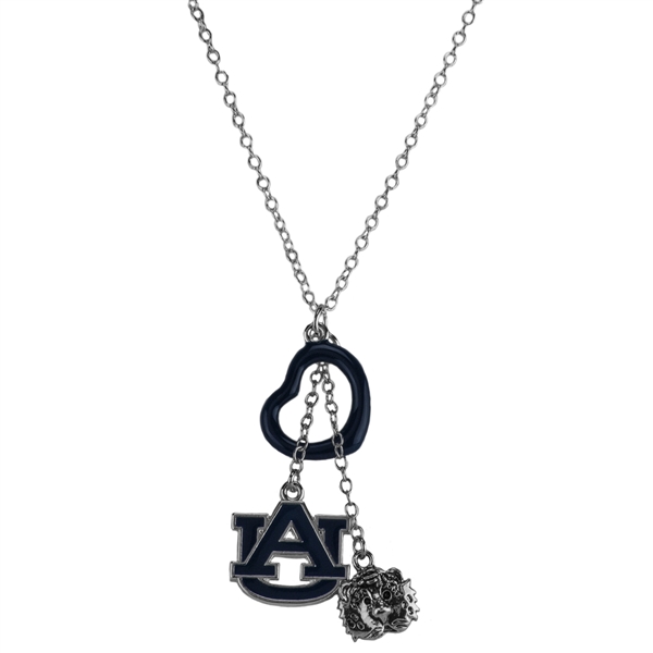 Auburn Mascot Charm, Navy Blue Logo & Heart Charm Silver Necklace