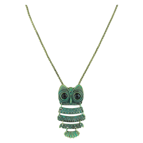 Green Plated Crystal Vintage Quad-Wing Owl Necklace