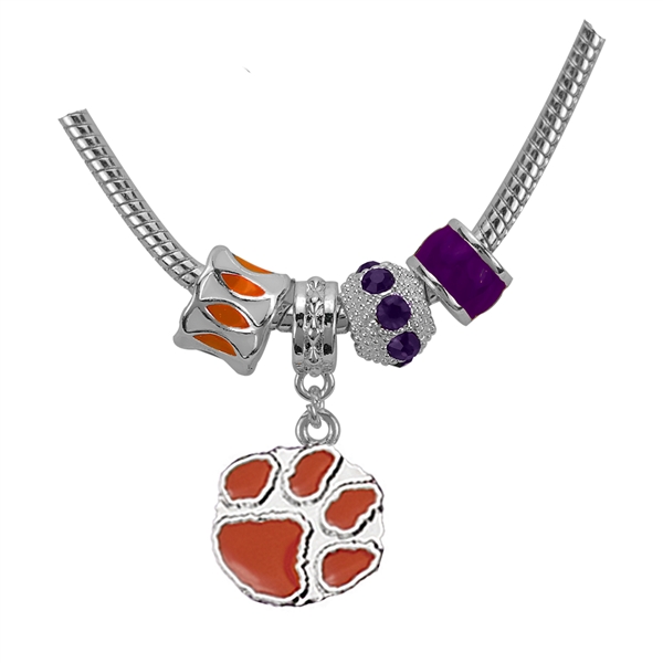 Clemson Logo Team Colored Charms Silver Bracelet