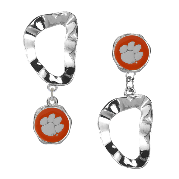 Clemson University Orange Logo Charm Wavy Flipped Stud Dangle Earrings