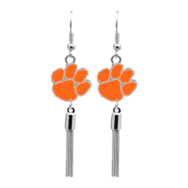 College Fashion Clemson University Logo Charm Tassel Post Dangle Evanna Earrings