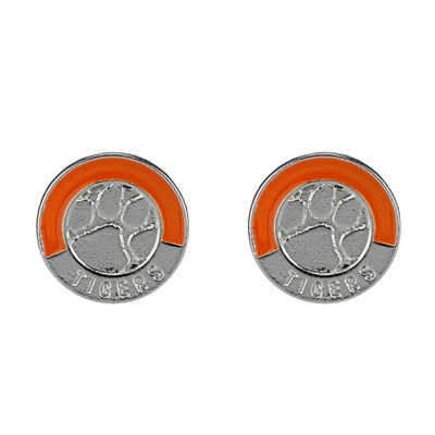 Two-Tone Circular Logo Studs Silver Earrings Clemson Tiger College Jewelry