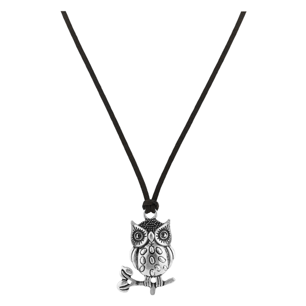 Silver Perched Owl Thin Brown Faux Leather Necklace