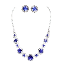 Elegant Fashion Sapphire Stone & Diamond Crystal Silver-Toned Necklace Set