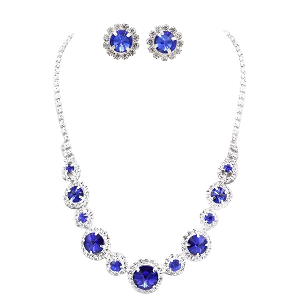 Elegant Fashion Sapphire Stone & Diamond Crystal Silver-Toned Necklace Set