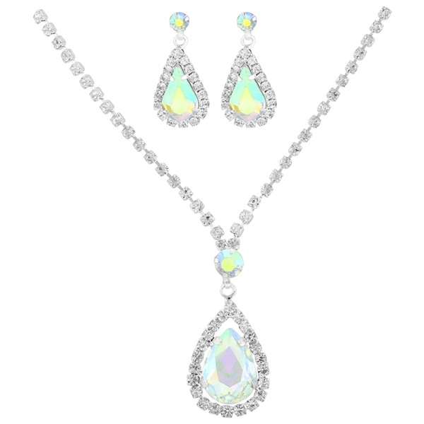 Stylish Fashionable Iridescent Crystal Teardrop Silver Necklace Set