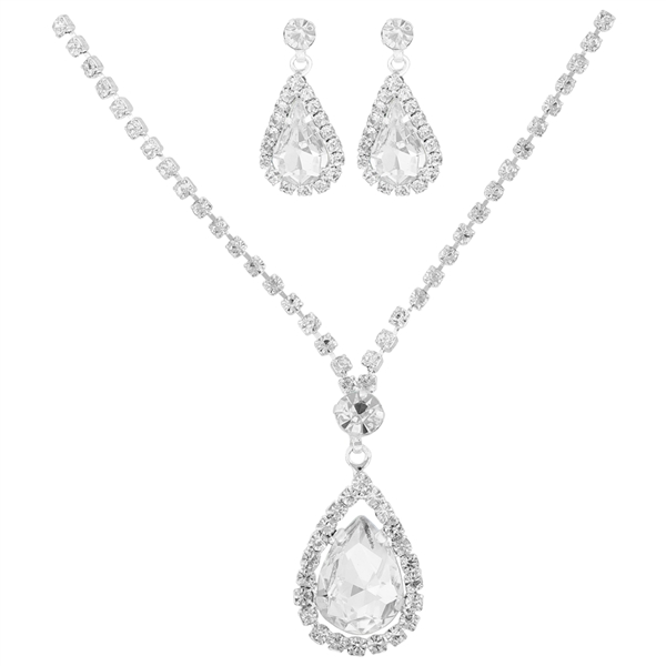 Stylish Fashionable Clear Crystal Teardrop Silver Necklace Set