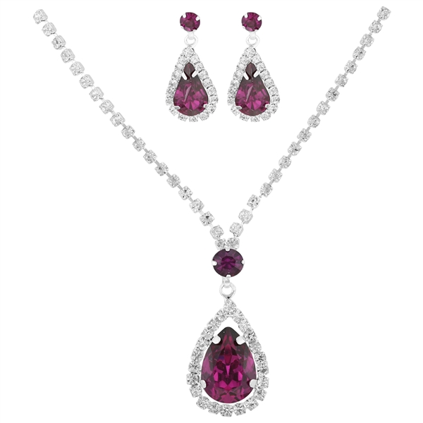 Stylish Fashionable Fuchsia Crystal Teardrop Silver Necklace Set