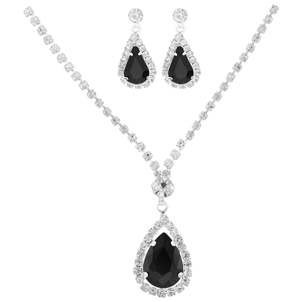 Stylish Fashionable Black Crystal Teardrop Silver Necklace Set