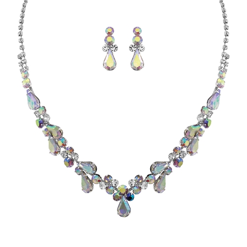 Fashion Sparkling Light Iridescent Stones & Crystals, Diamond Crystal Chain 18" Necklace Set with Lobster Clasp