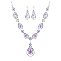 Fashion & Classy Light Iridescent Stones & Crystals, Diamond Crystal Chain 18" Necklace Set with Lobster Clasp
