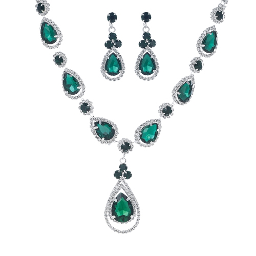 Fashion & Classy Emerald Green Stones & Crystals, Diamond Crystal Chain 18" Necklace Set with Lobster Clasp