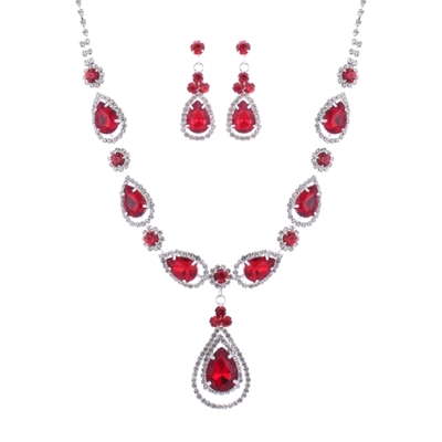 Fashion & Classy Siam Red Stones & Crystals, Diamond Crystal Chain 18" Necklace Set with Lobster Clasp