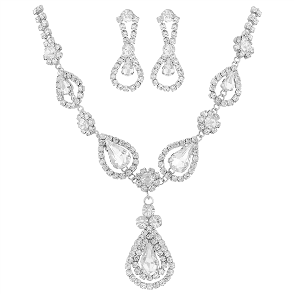 Stylish Fashionable White Peal Drop Silver Crystal Necklace Set