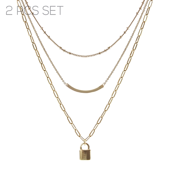 Stylish 2 Piece Gold Toned Triple Chain Lock Charm Lobster Clasp Necklace