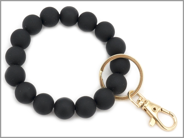 Fashion Black Round Faux Wood Bead Bracelet Keychain