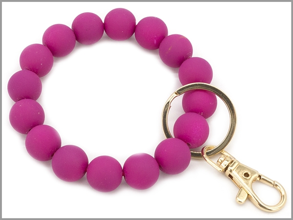 Fashion Fuchsia Round Faux Wood Bead Bracelet Keychain