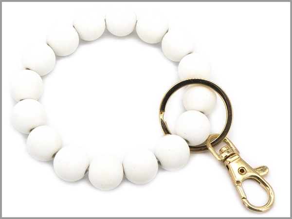 Fashion White Round Faux Wood Bead Bracelet Keychain