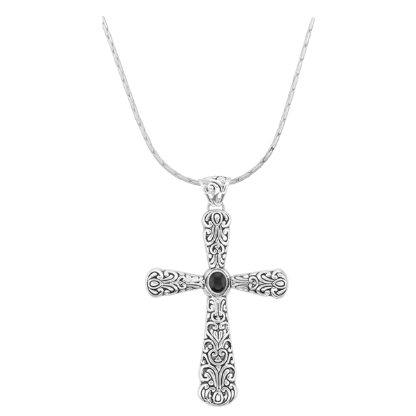 Elegant Swirl Design Black Stone Rounded Edge Silver Cross Pendant Charm Necklace