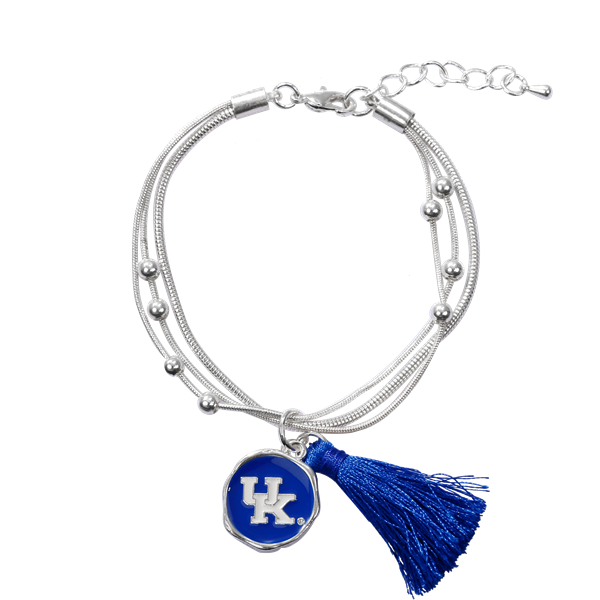 University of Kentucky Team Colored Round Logo Charm & Tassel Silver Beaded Snake Chain Bracelet