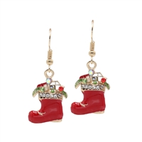 Fashion Holiday Season Sparkling Crystal Santa Boot Gold-Tone Fish Hook Earrings