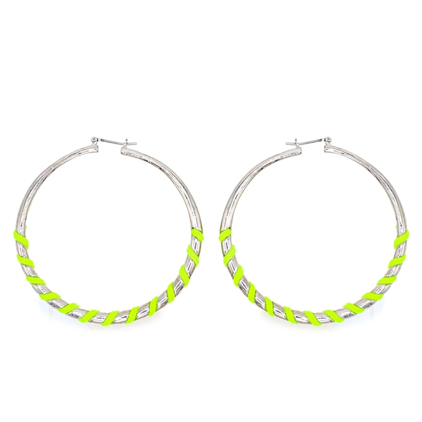 Cute & Stylish Twisted Lime Green Nylon Rope Silver Tone Lever Back Hoop Earrings