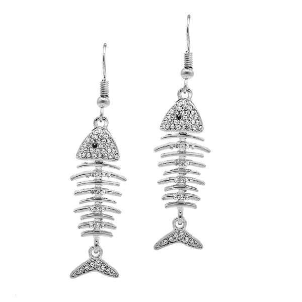 Unique Sparkling Diamond & Jet Crystal Fishbone Fish Hook Earrings