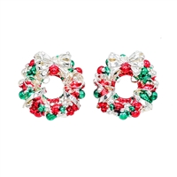 Fashion Red & Green Christmas Wreath Holiday Season Silver-Toned Post Earrings