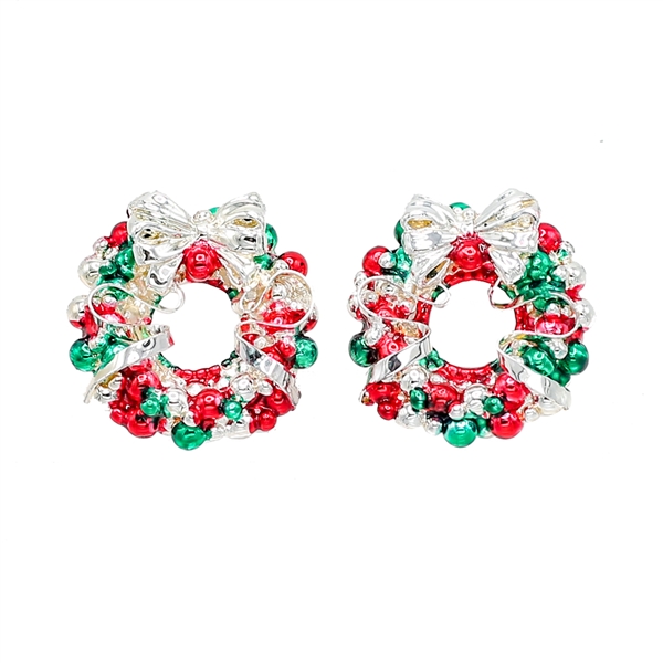 Fashion Red & Green Christmas Wreath Holiday Season Silver-Toned Post Earrings