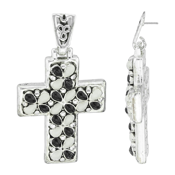 Stylish Spiritual Faith Black & White Oval-Shaped Stone Silver Cross Stud Dangle Earrings