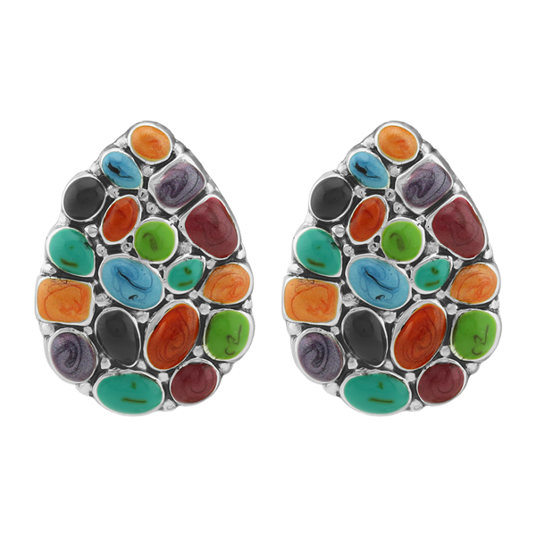 Colorful Pebble Stone Teardrop Silver Stud Earrings