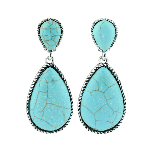 Crackled Silver & Turquoise Double Teardrop Stone Dangle Clip-On Earrings