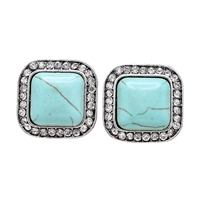 Fashion Crackled Turquoise Squared Stone Crystal Clip-On Earrings