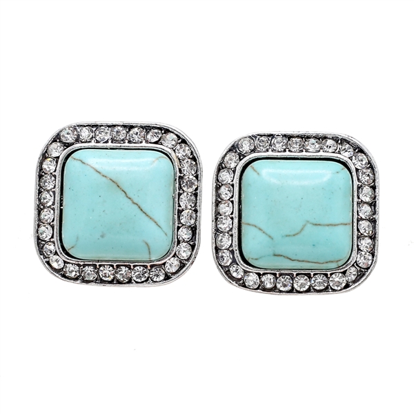 Fashion Crackled Turquoise Squared Stone Crystal Clip-On Earrings