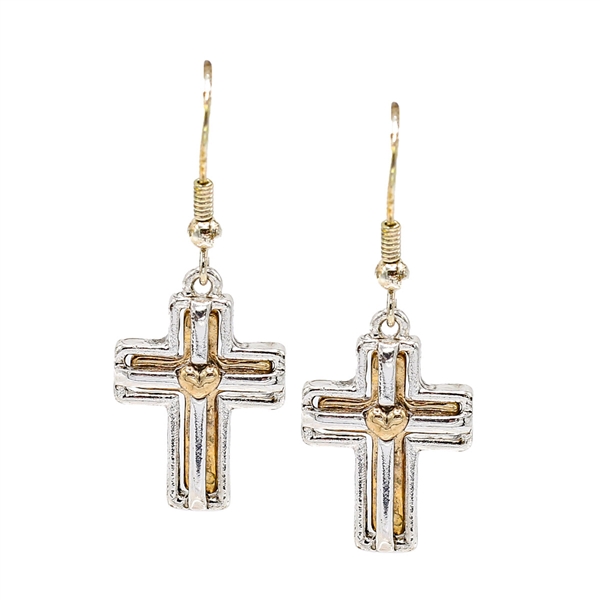 Stylish Spiritual Faith Two-Tone Silver & Gold Toned Cross Heart Drop Fish Hook Earrings