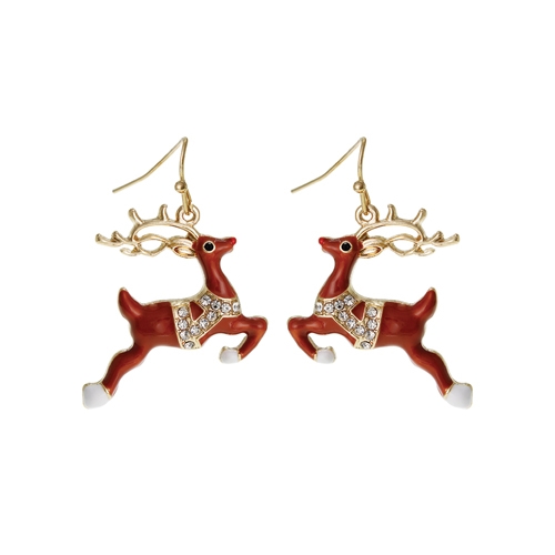 Fashion Red & White Christmas Reindeer Holiday Season Gold-Toned Fish Hook Earrings
