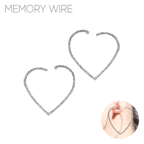 Stylish Fashion Trendy Sparkling Diamond Crystals Open Heart Silver-Toned Memory Wire Earrings