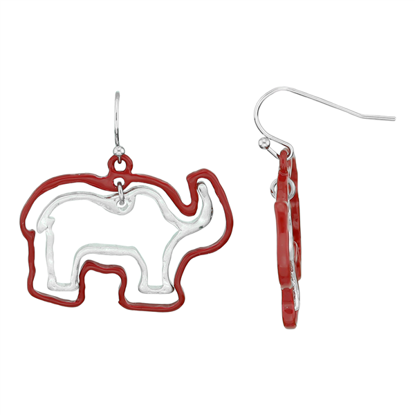 Lively Red/Silver Thin Double Elephant Outline Fish Hook Dangle Earrings