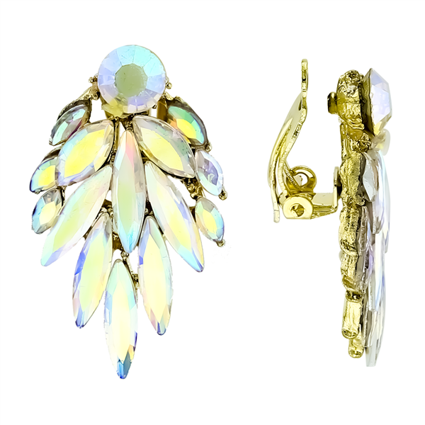 Flashy Jazzy Multi-Colored Iridescent Crystal Gold-Toned Clip-On Earrings