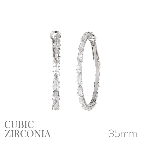 Fashion Sparkling Diamond Cubic Zirconia Crystal 35mm Silver Toned Hoop Leverback Earrings