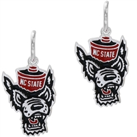 North Carolina State University Team Colored Wolf Head Mascot Logo Dangle Silver Earrings