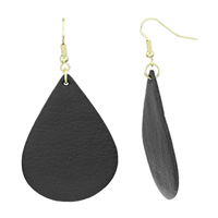 Soft & Lightweight Luscious Black Faux Leather Teardrop Gold Fish Hook Earrings