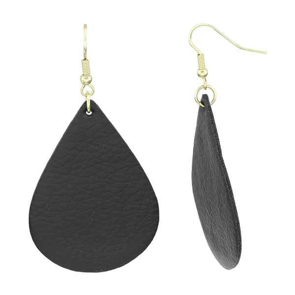 Soft & Lightweight Luscious Black Faux Leather Teardrop Gold Fish Hook Earrings