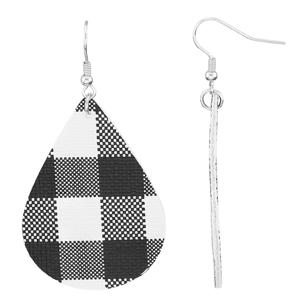 Soft & Lightweight White/Black Plaid Fabric Teardrop Silver Fish Hook Earrings