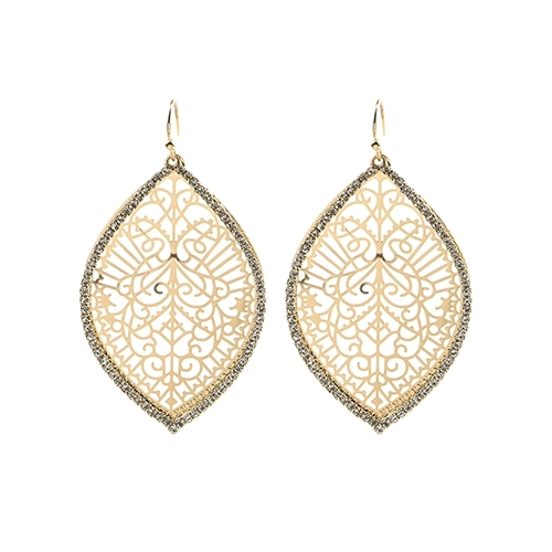 Sparkling & Stylish Crystal Leaf Shaped Filigree Cut-Out Gold Fish Hook Earrings