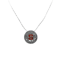 North Carolina State University Team Colored Logo & Black Text Hammered Round Silver Necklace